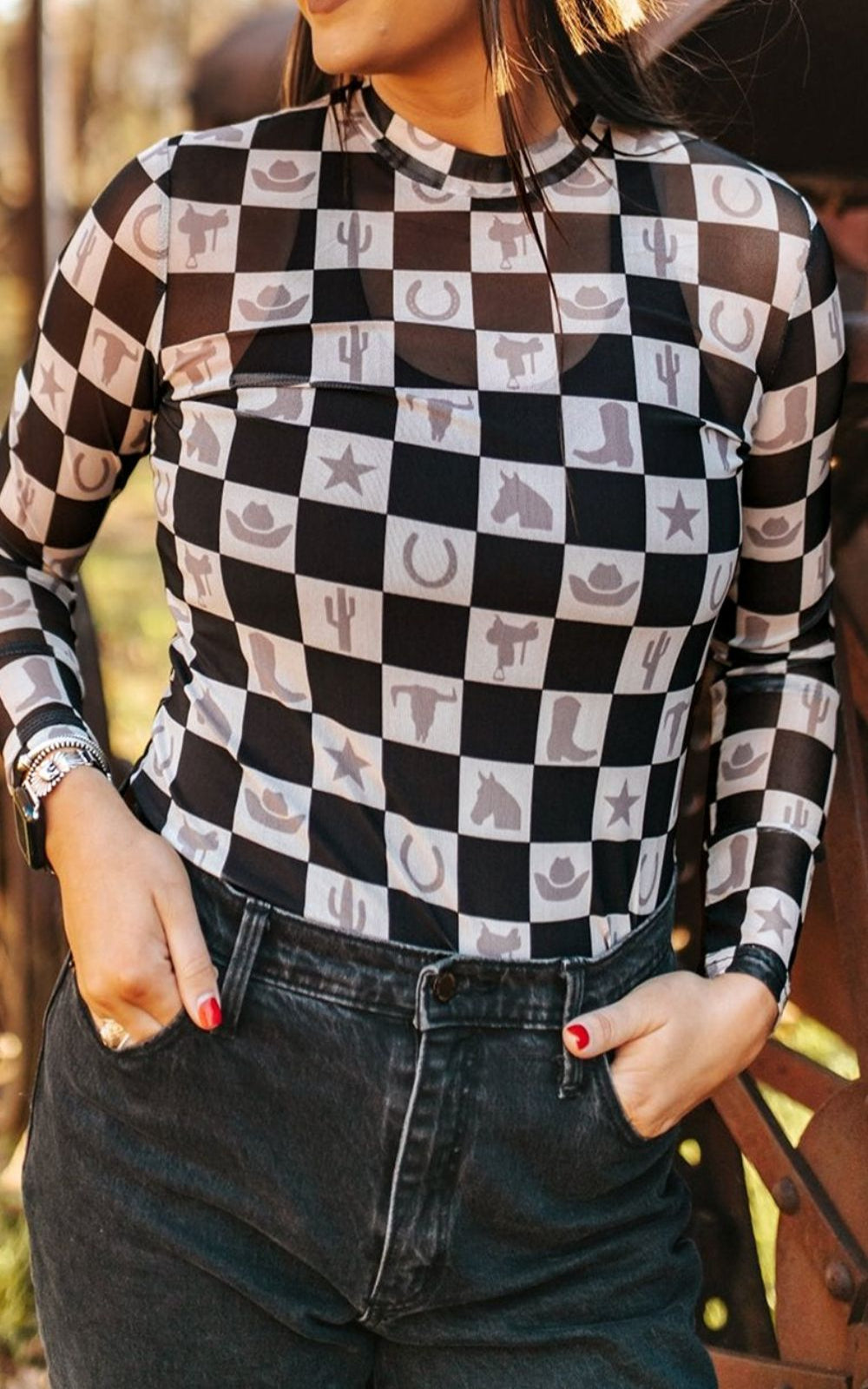 Checkered Mock Neck Long Sleeve Top - Body Central Store