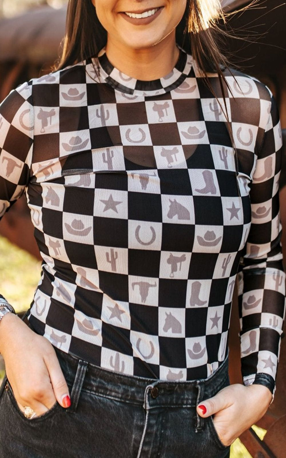 Checkered Mock Neck Long Sleeve Top - Body Central Store