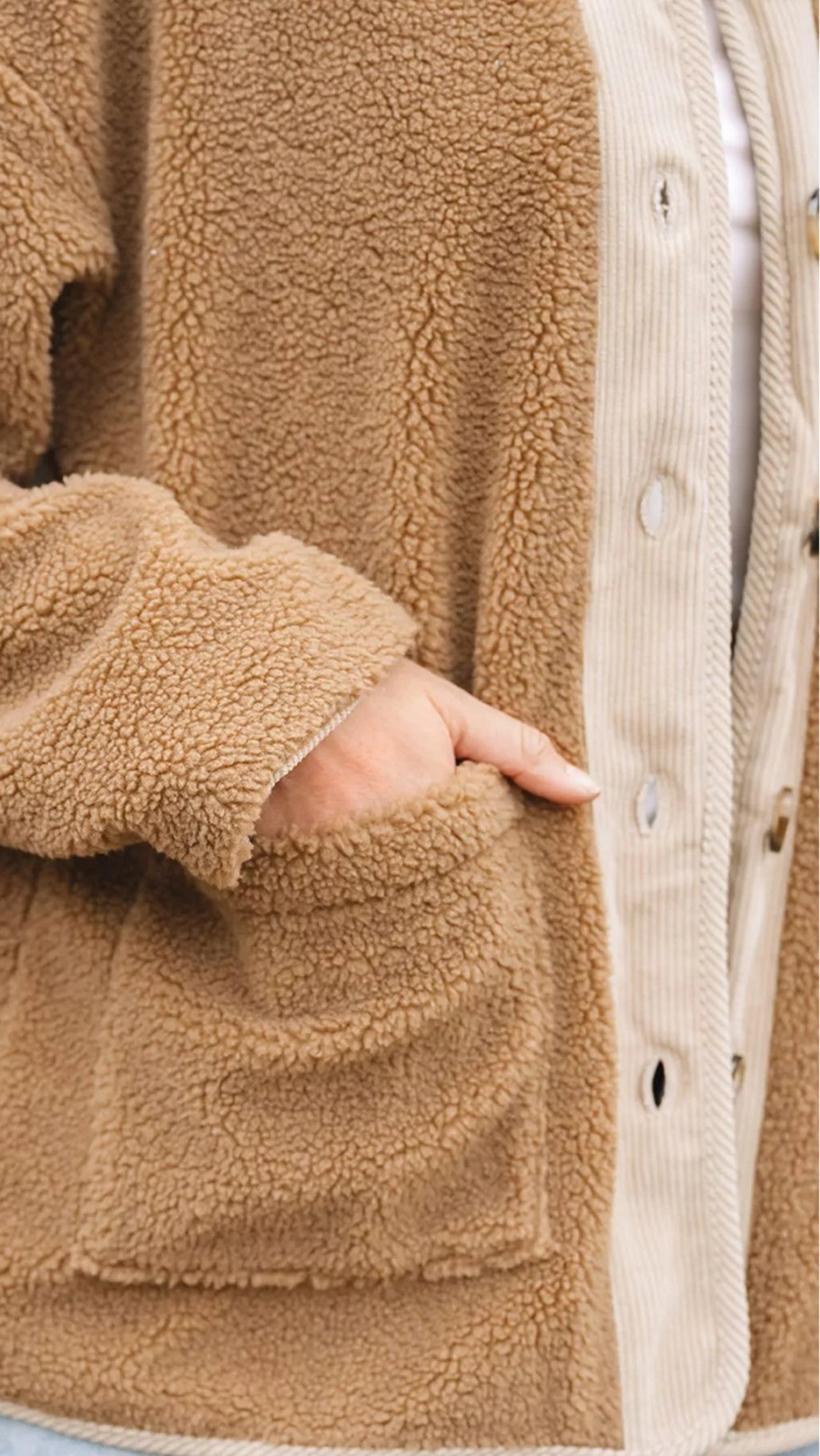 Puffy Plush Corduroy Edge Patchwork Jacket with Pockets