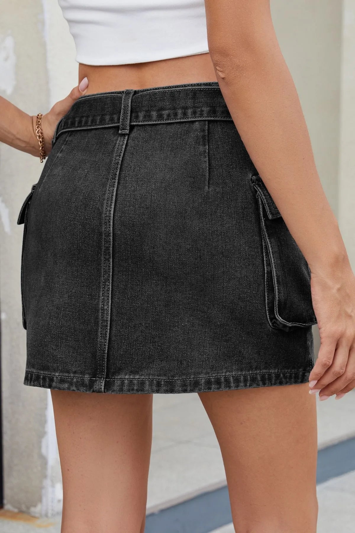 Criss-Cross Waist Detail Denim Mini Skirt | Body Central