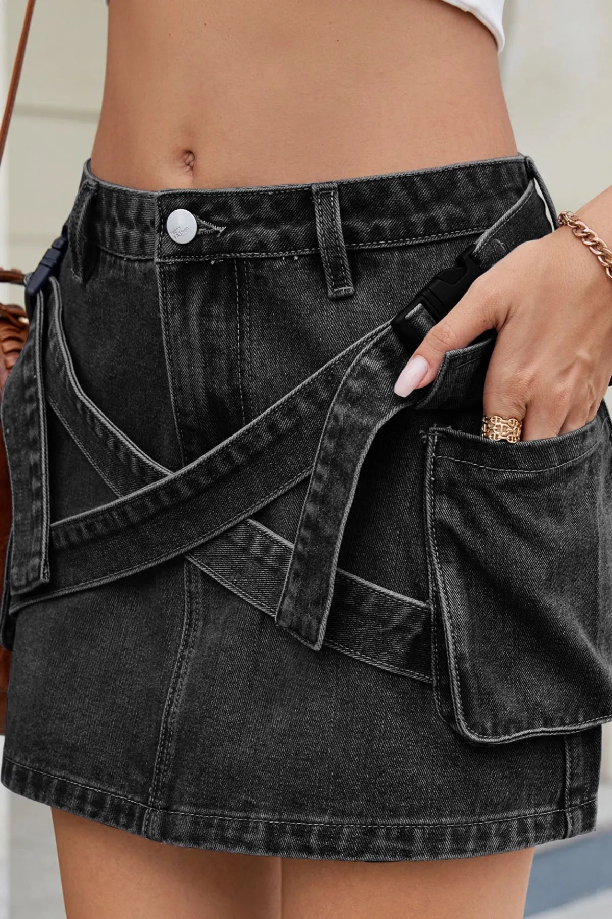 Criss-Cross Waist Detail Denim Mini Skirt | Body Central