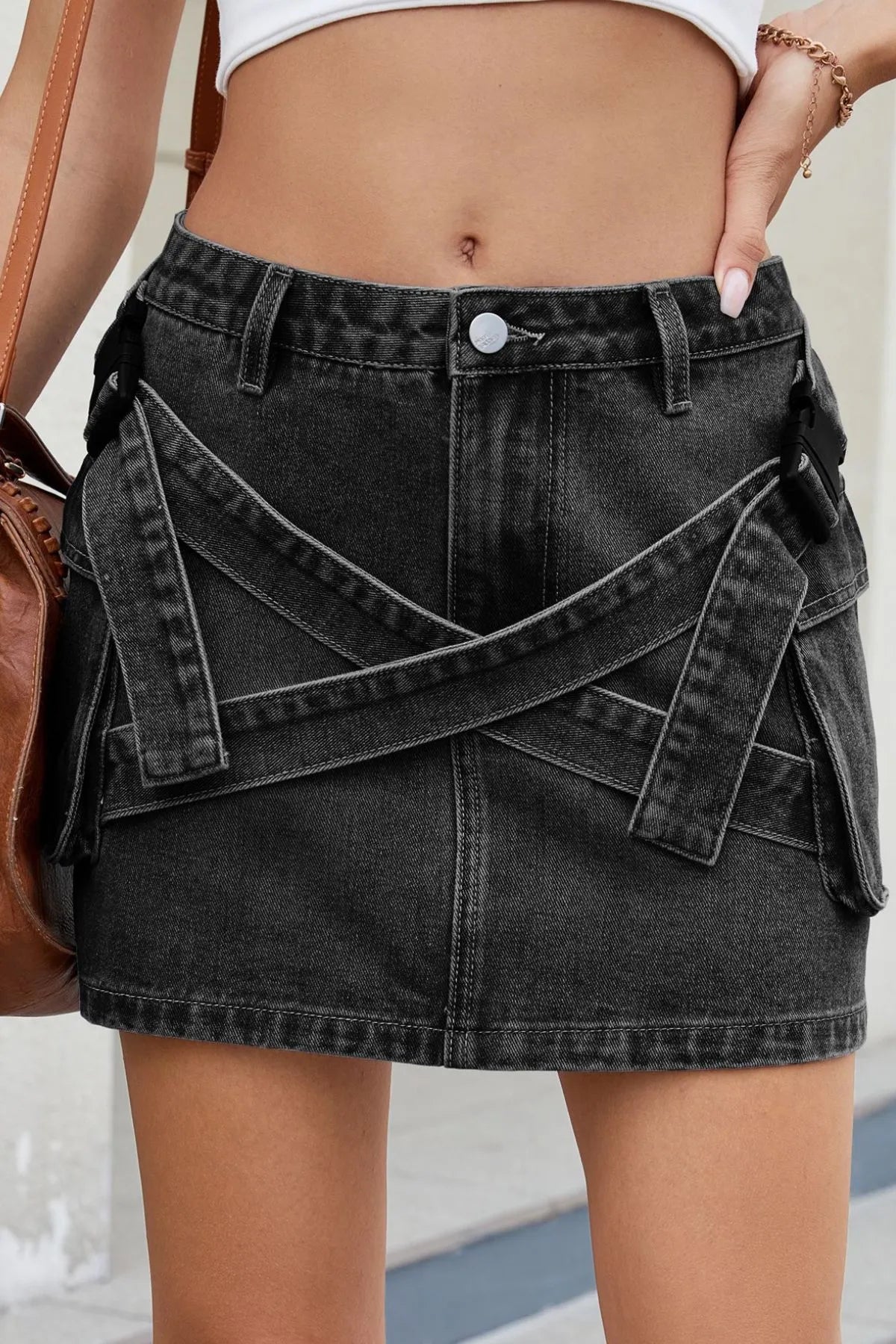 Criss-Cross Waist Detail Denim Mini Skirt | Body Central