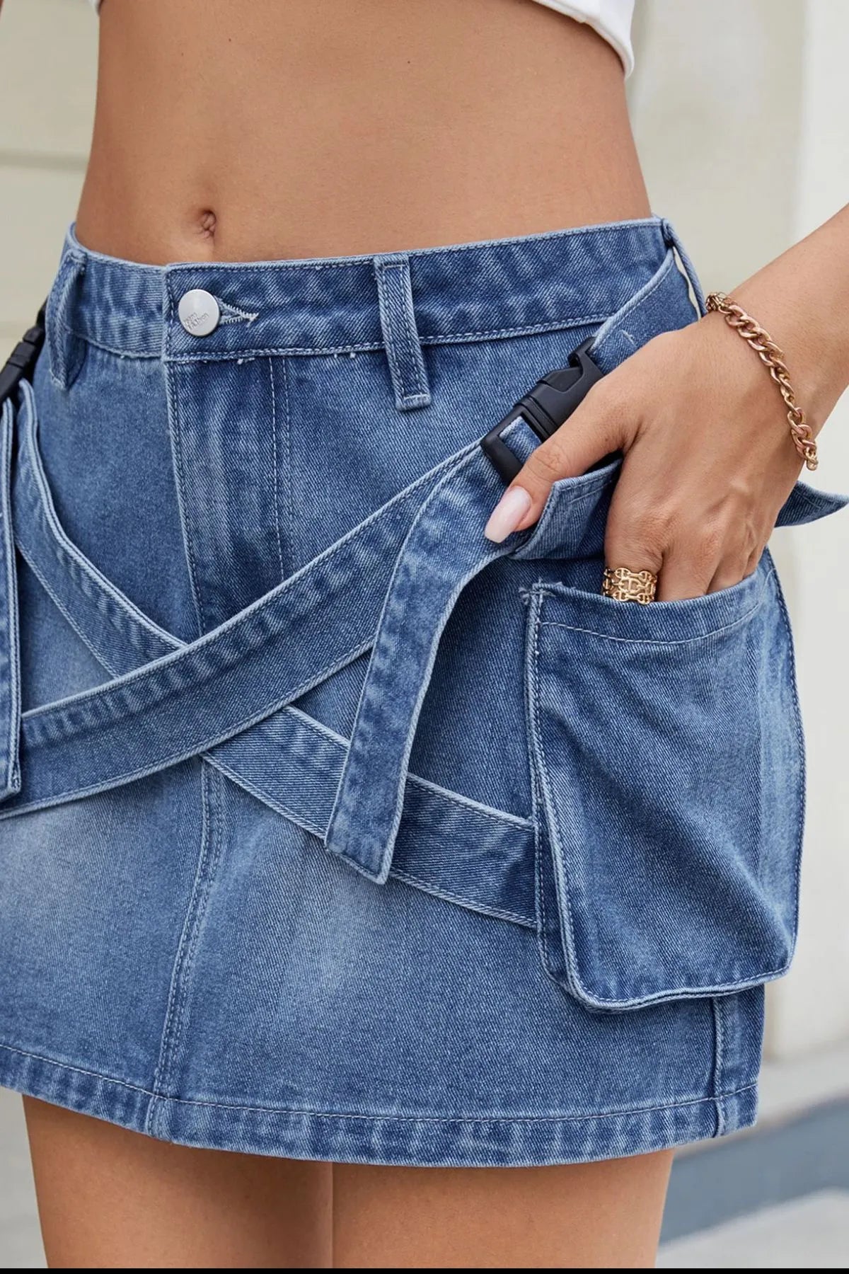 Criss-Cross Waist Detail Denim Mini Skirt | Body Central