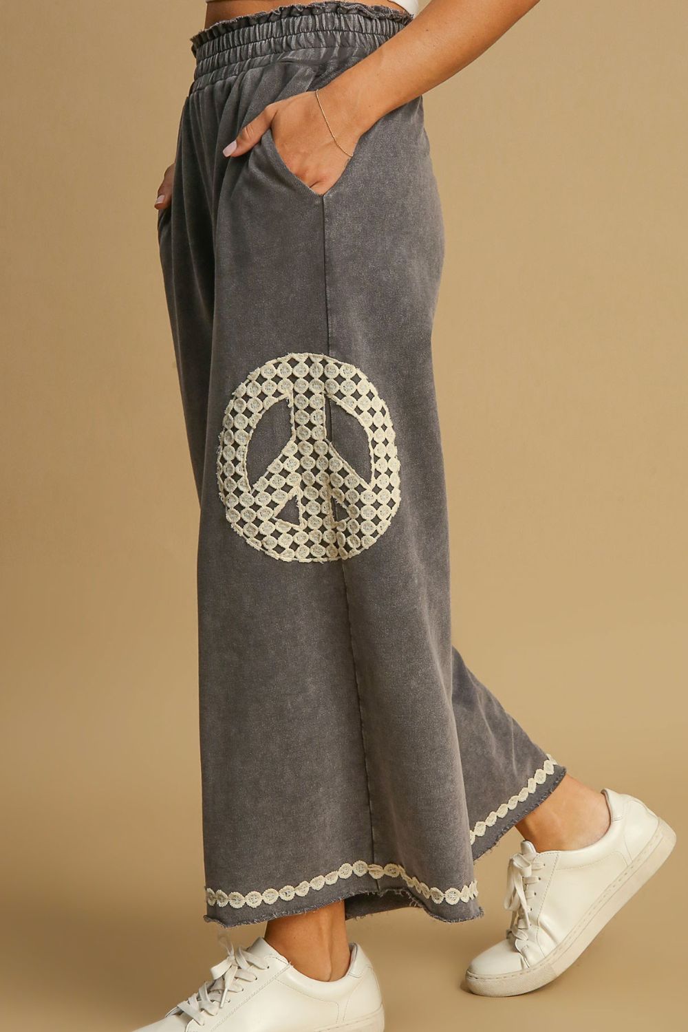 Full Size Peace Lace Applique Mineral Wash Wide Leg Pants