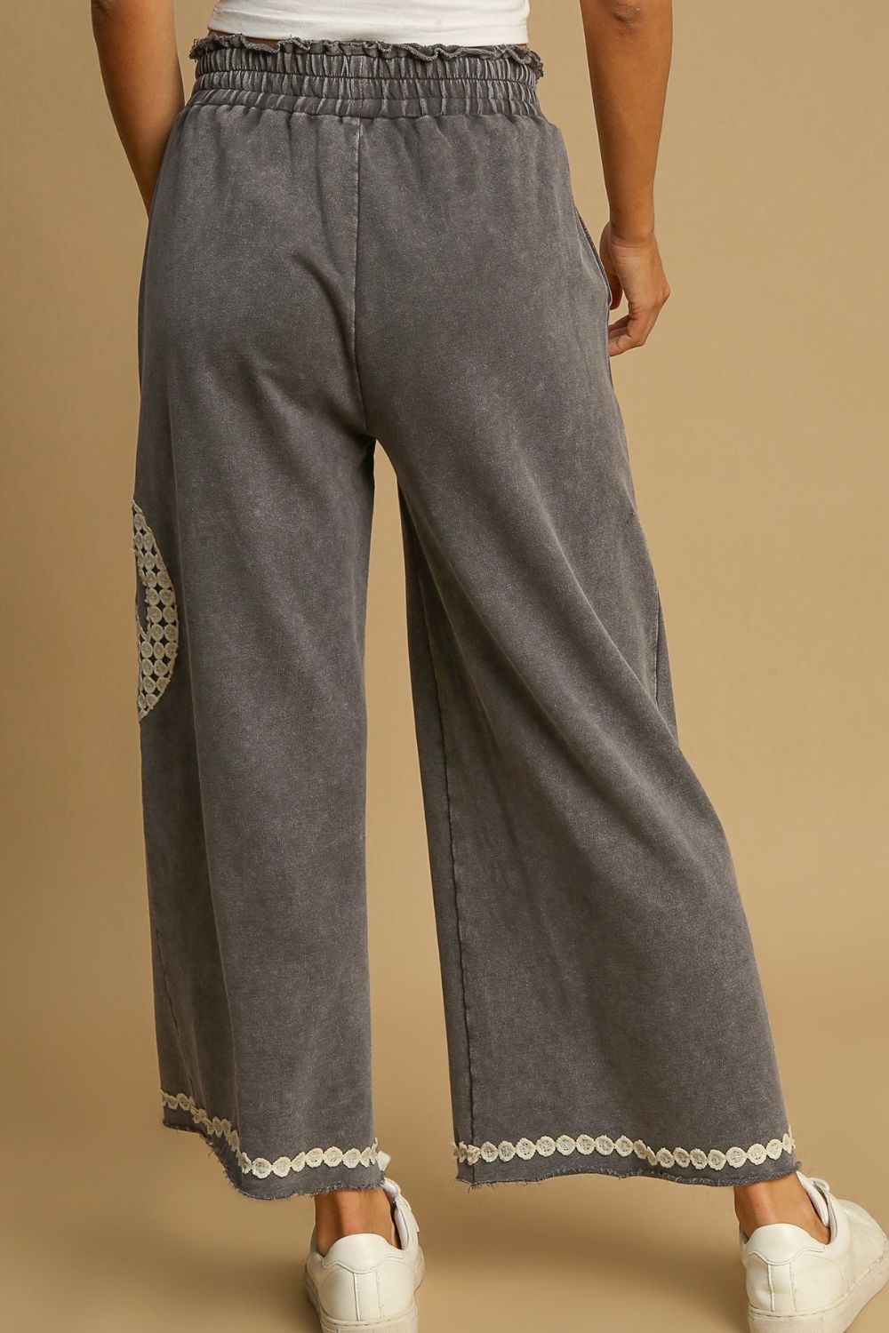 Full Size Peace Lace Applique Mineral Wash Wide Leg Pants