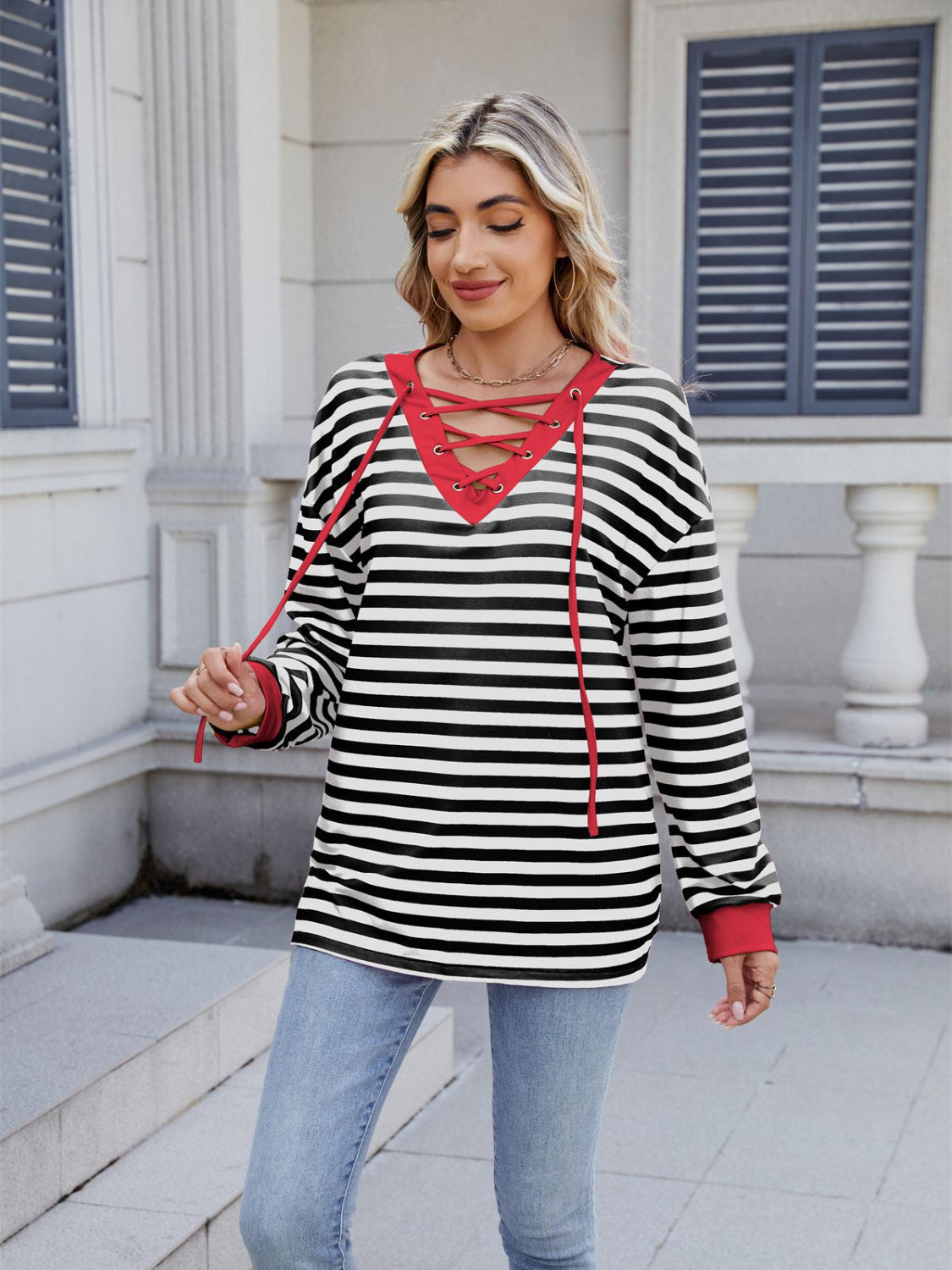 Lace-Up Striped Long Sleeve T-ShirtLace-Up Striped Long Sleeve T-Shirt