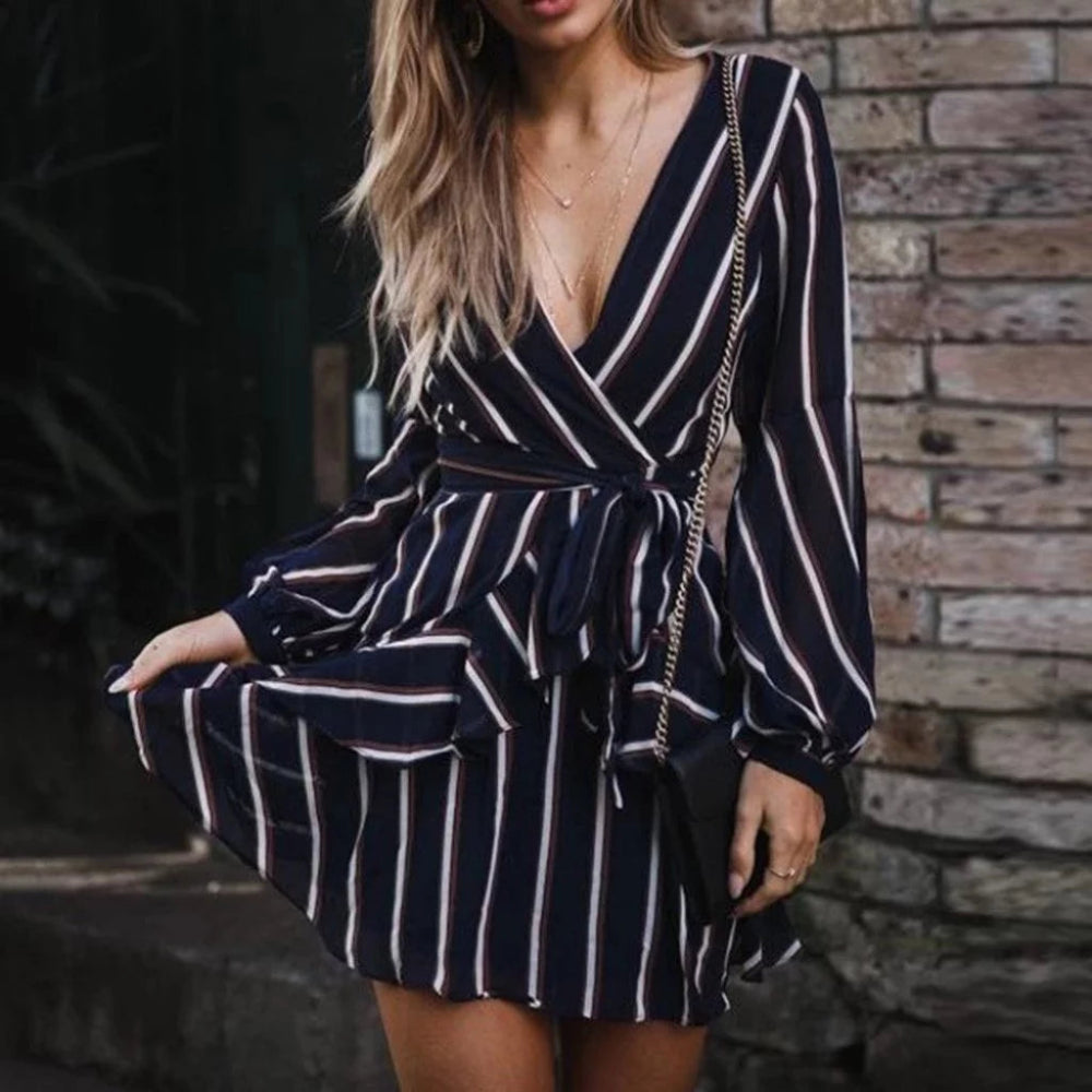 Lantern Sleeve Ruffle V-Neck Bow Belt A-Line Dress | Body Central