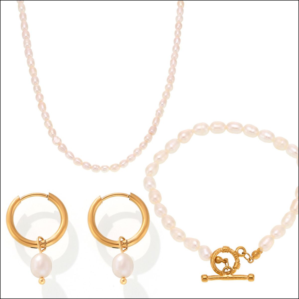 Pearl Necklace, Bracelet, Earrings 4-Piece Jewelry Set