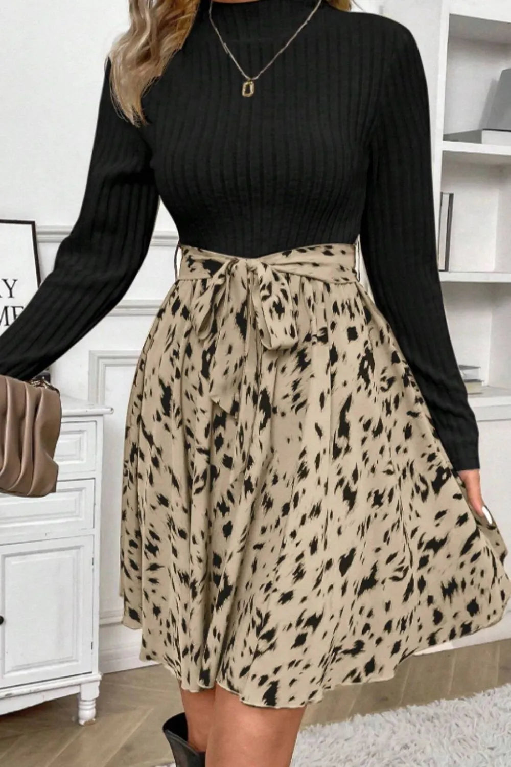 Printed Tie Waist Mock Neck Long Sleeve Dress | Body Central