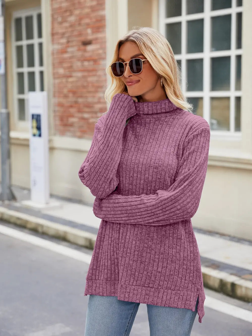 Ribbed Turtleneck Long Sleeve Slit Knit Top | Body Central