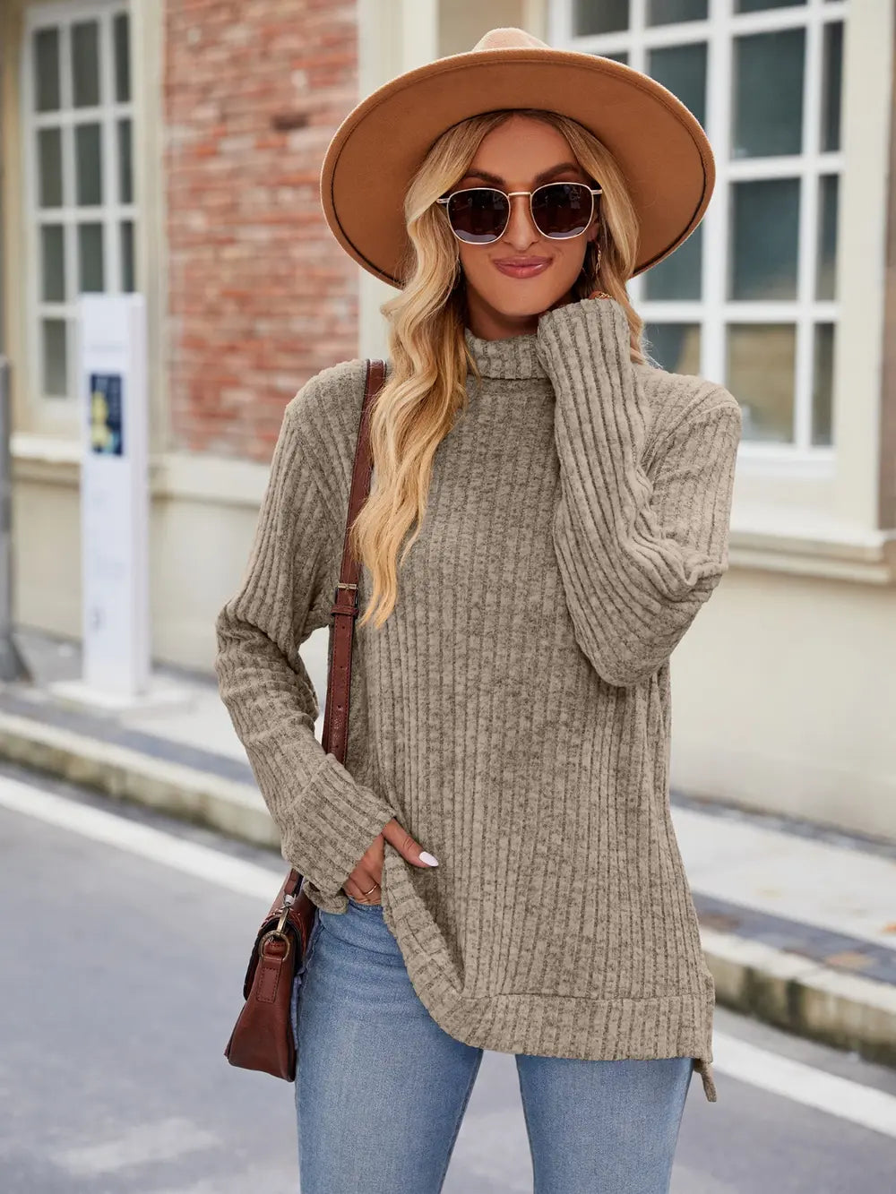Ribbed Turtleneck Long Sleeve Slit Knit Top | Body Central