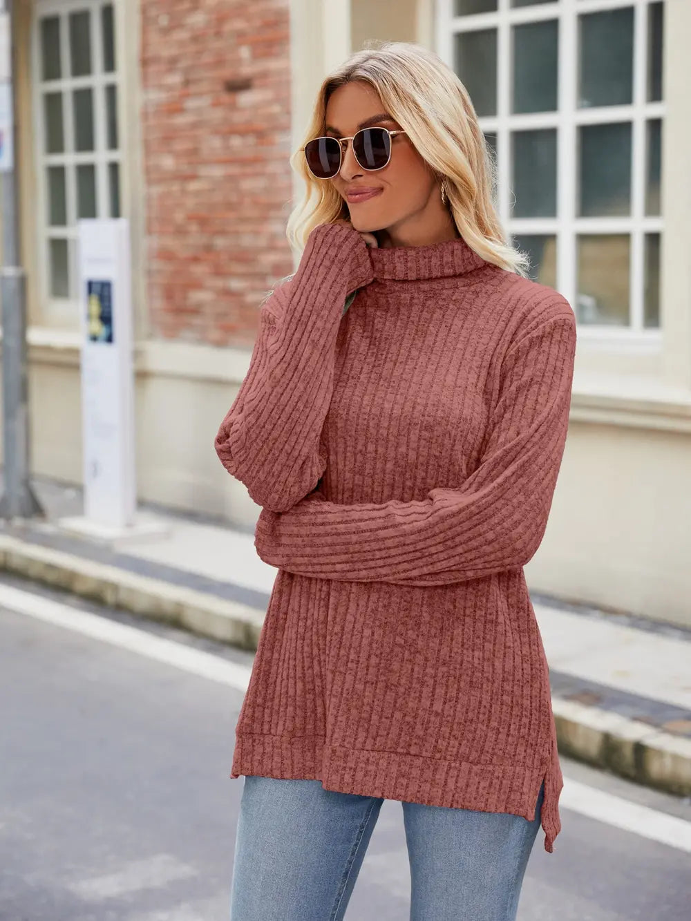 Ribbed Turtleneck Long Sleeve Slit Knit Top | Body Central