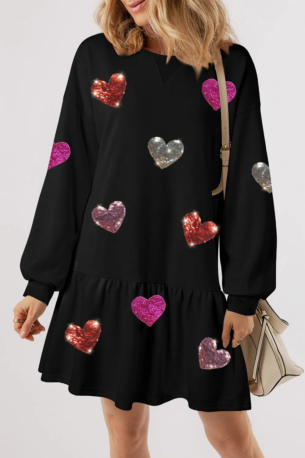 Sequin Heart Round Neck Long Sleeve Mini Dress | Body Central