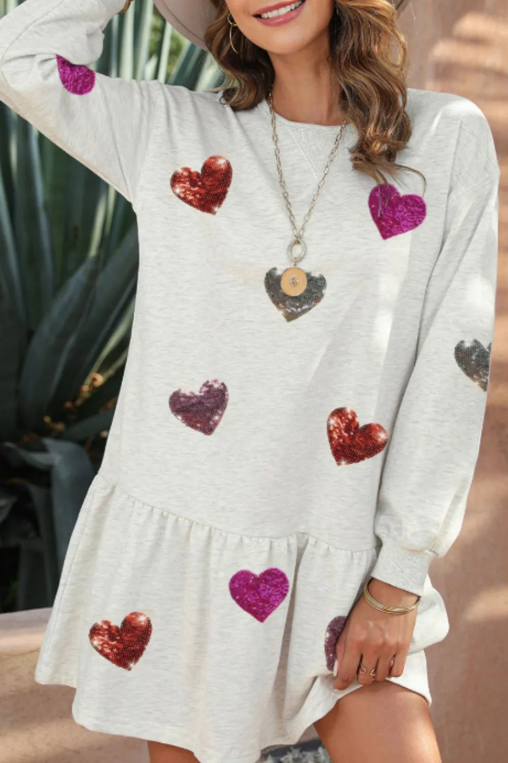 Sequin Heart Round Neck Long Sleeve Mini Dress | Body Central