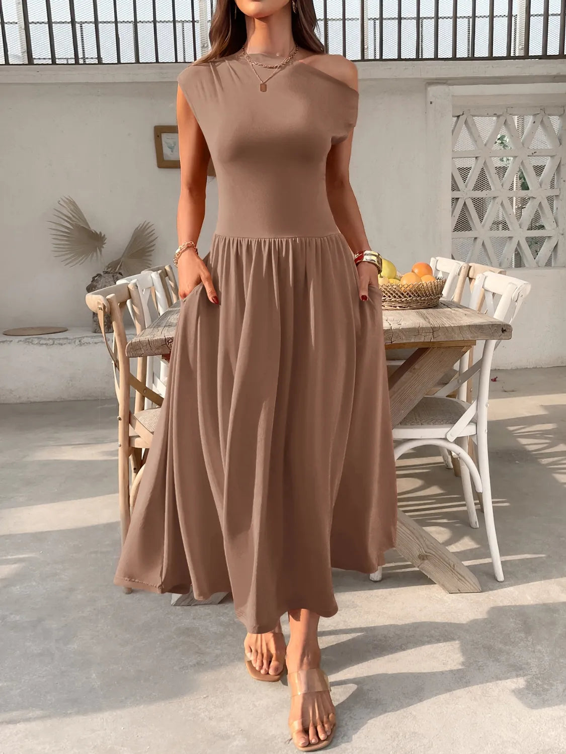 Single Shoulder Midi Dress with Pockets | Body Central