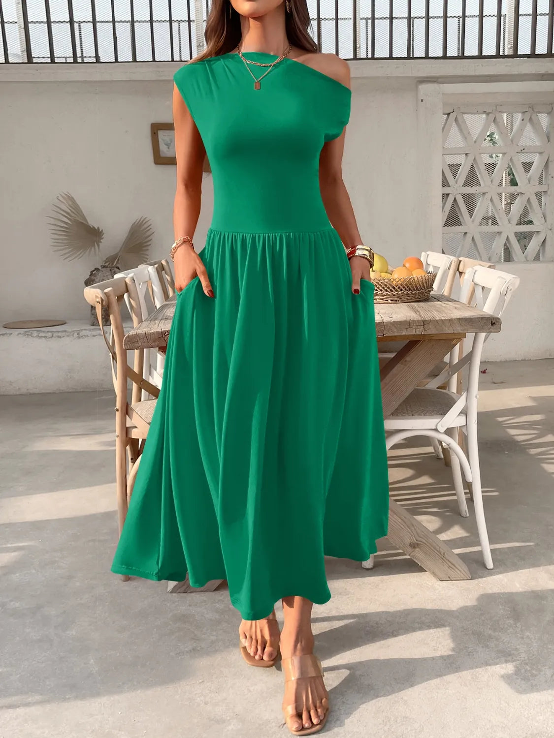 Single Shoulder Midi Dress with Pockets | Body Central