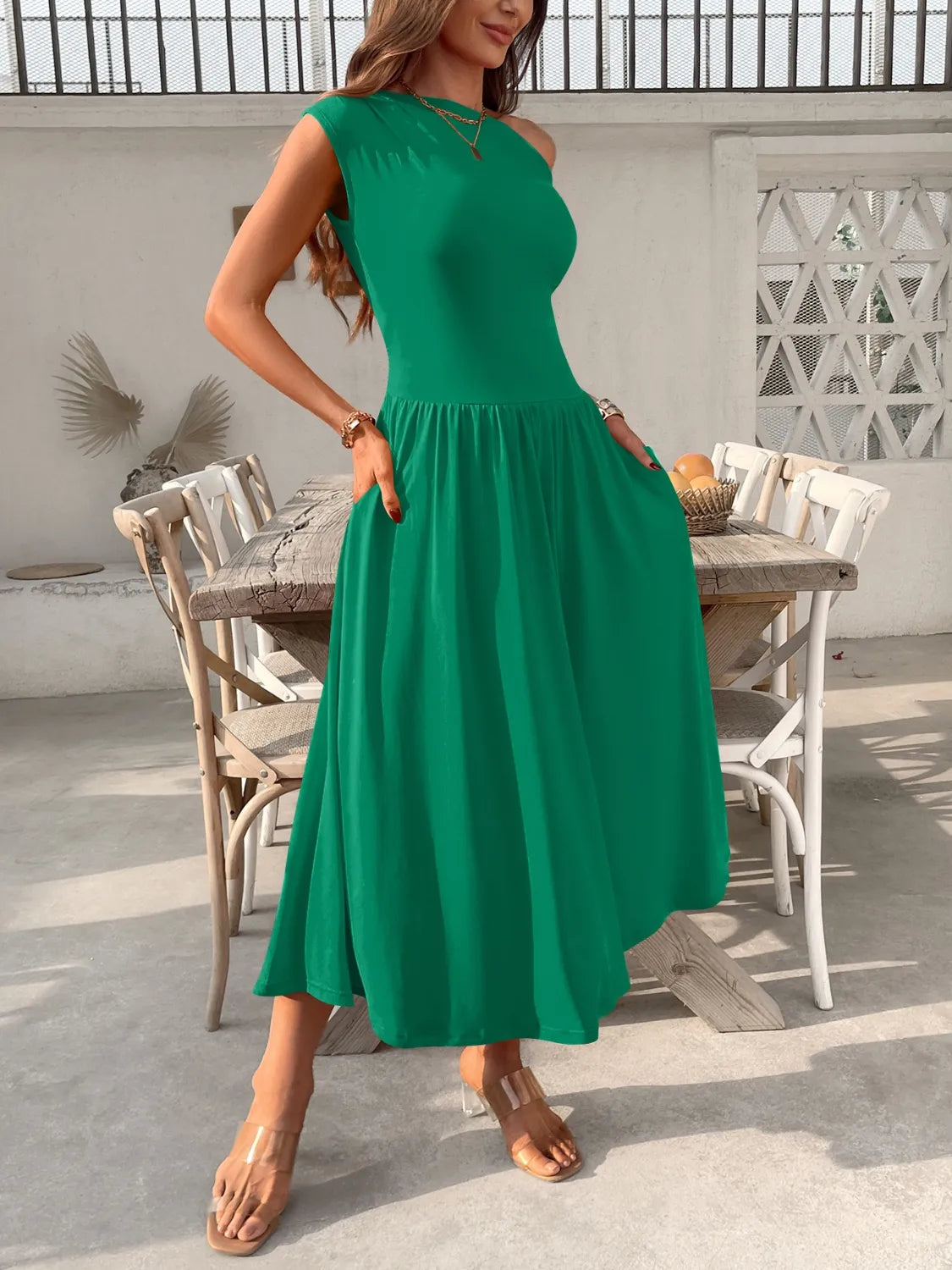 Single Shoulder Midi Dress with Pockets | Body Central