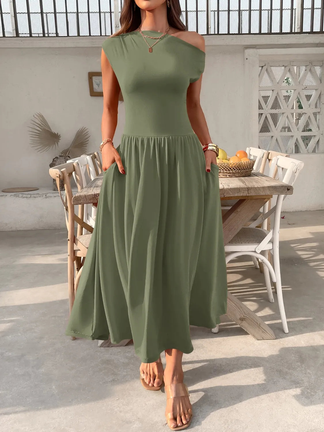 Single Shoulder Midi Dress with Pockets | Body Central
