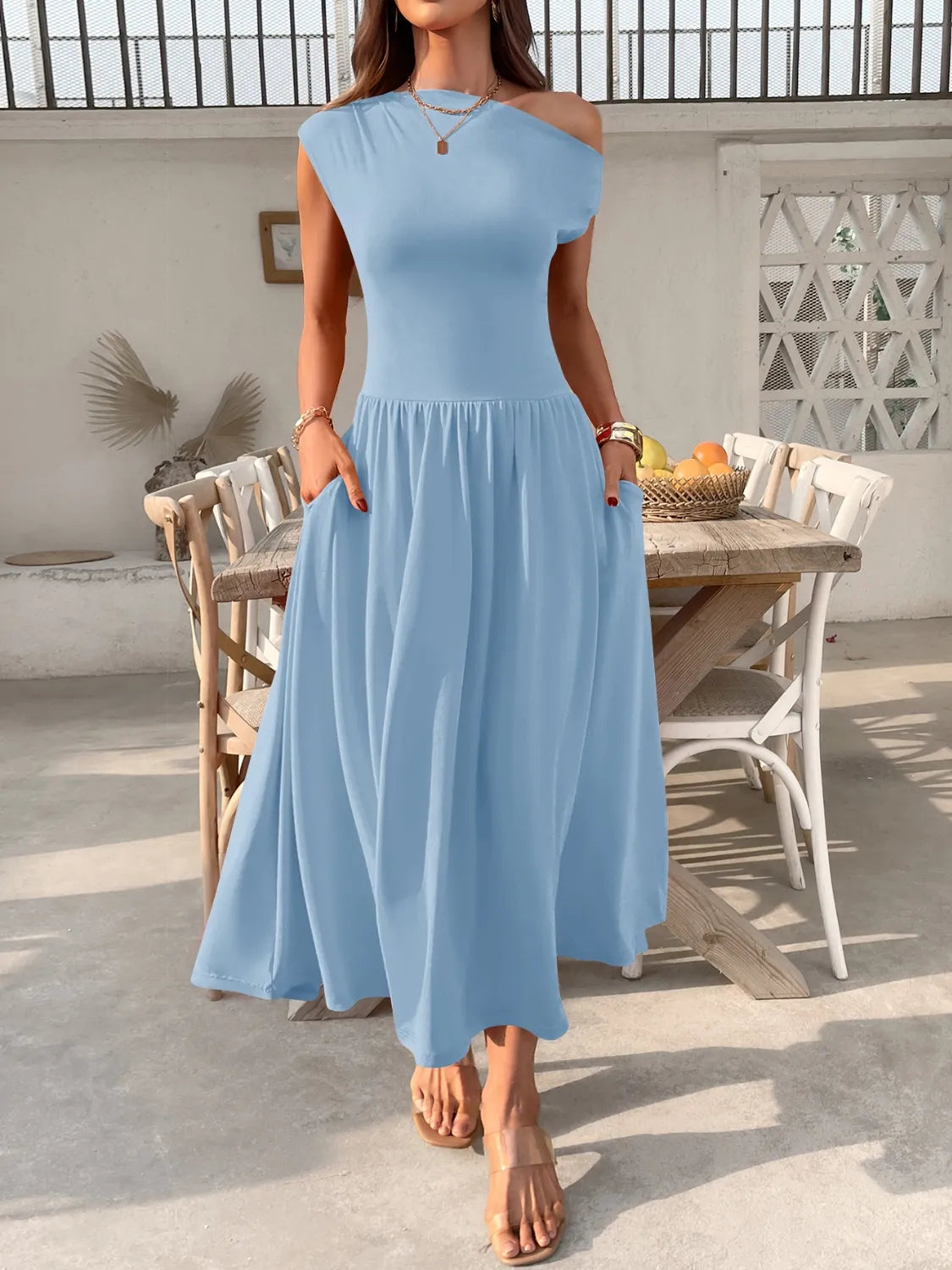 Single Shoulder Midi Dress with Pockets | Body Central