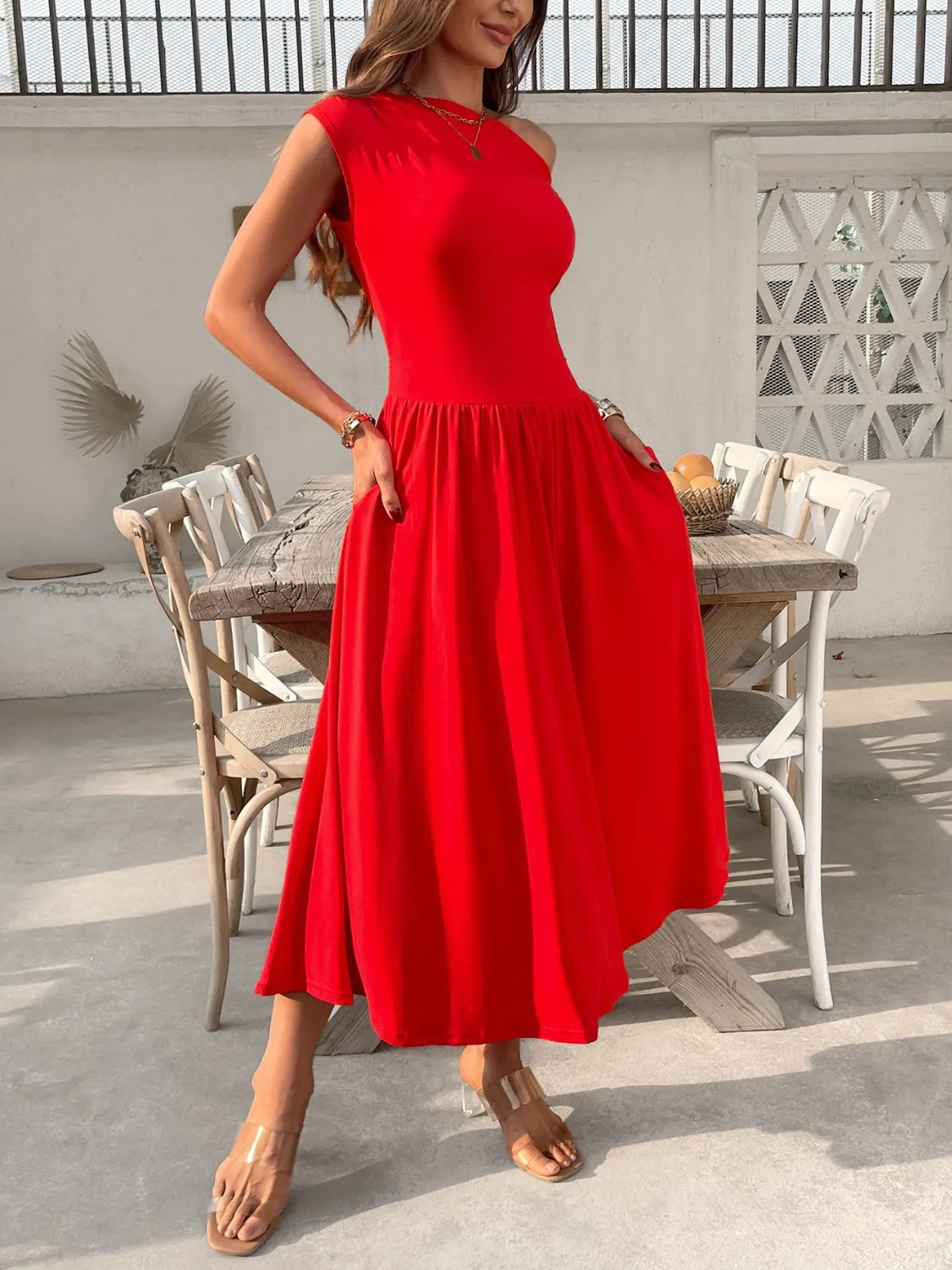 Single Shoulder Midi Dress with Pockets | Body Central
