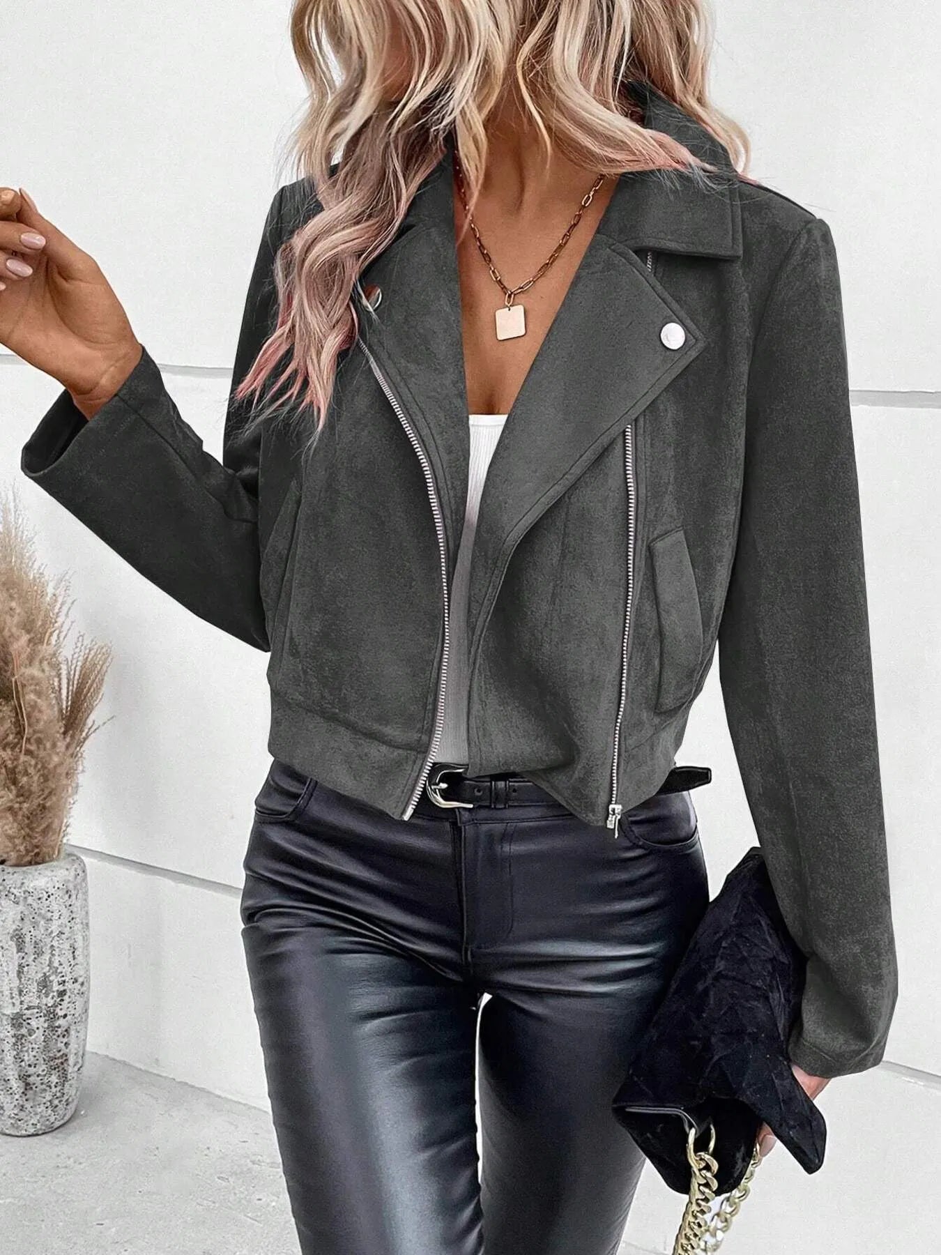 Zip Up Suede Cropped Moto Jacket | Body Central