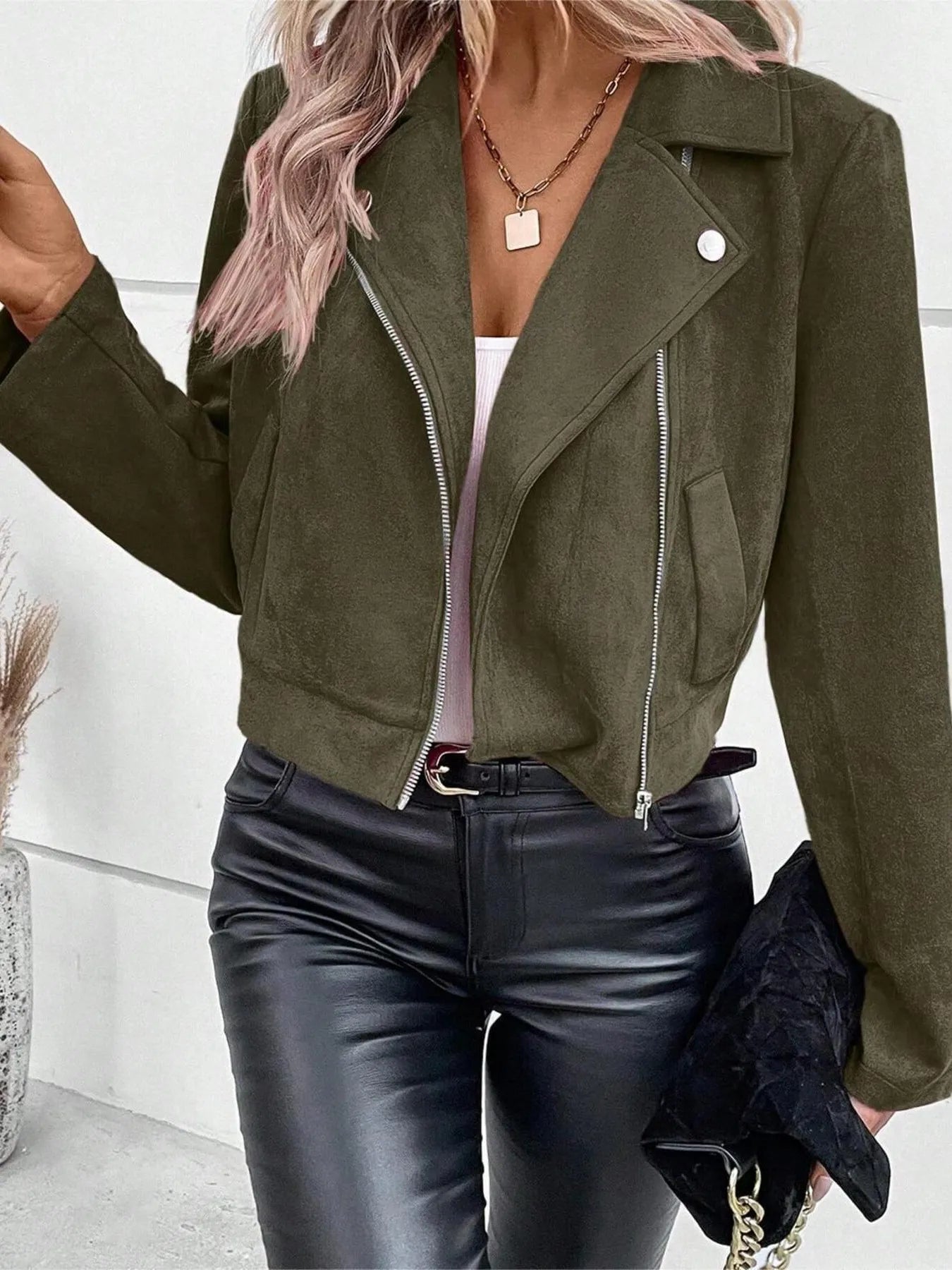 Zip Up Suede Cropped Moto Jacket | Body Central