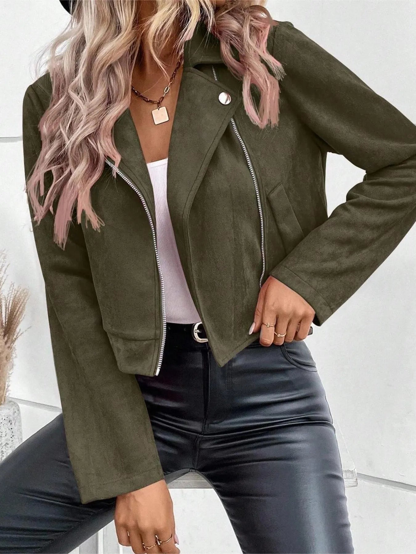 Zip Up Suede Cropped Moto Jacket | Body Central