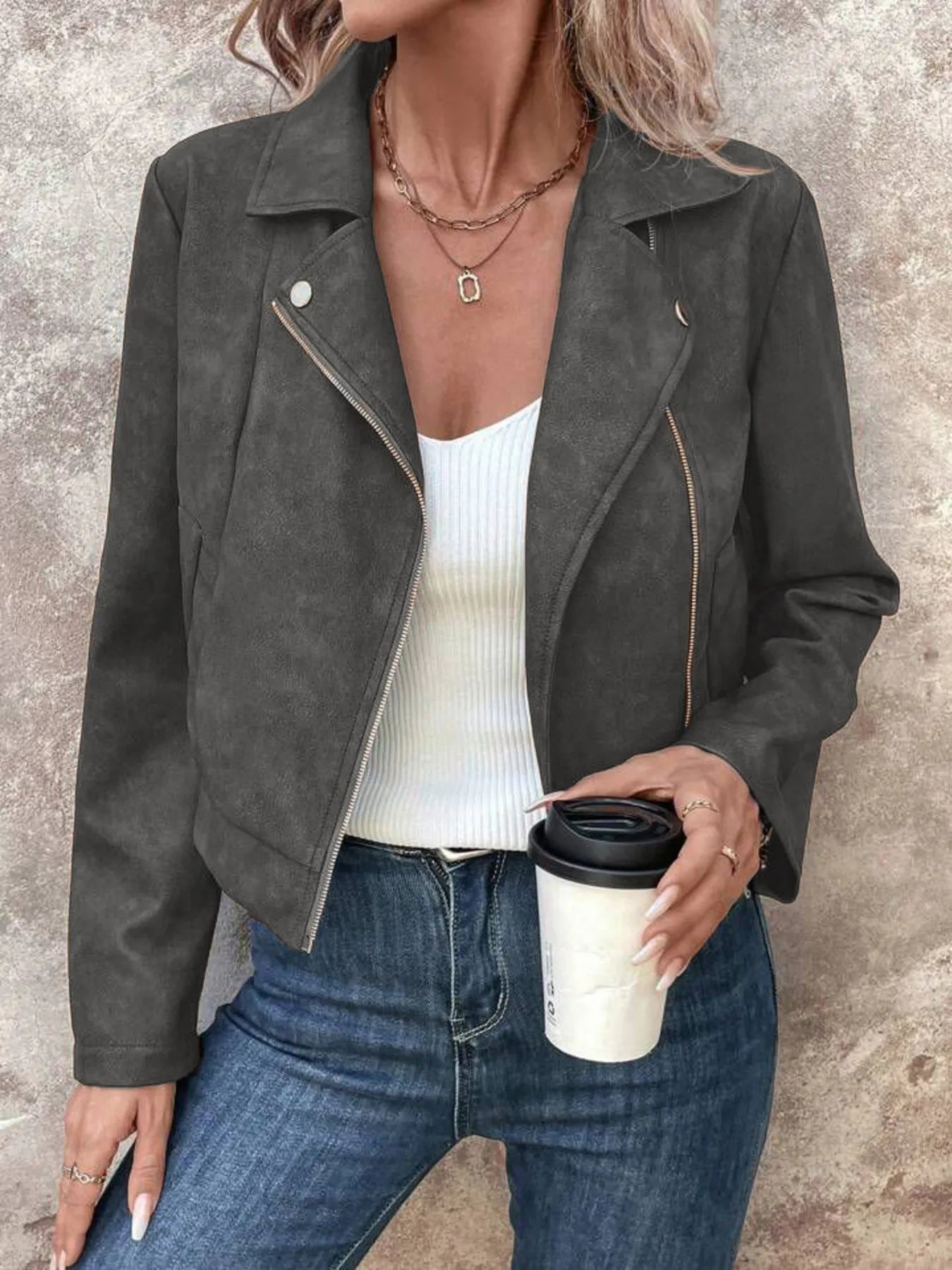 Zip Up Suede Cropped Moto Jacket | Body Central
