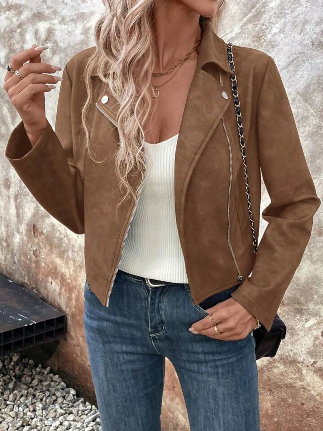 Zip Up Suede Cropped Moto Jacket | Body Central
