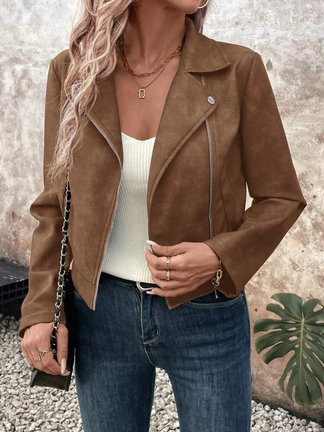 Zip Up Suede Cropped Moto Jacket | Body Central