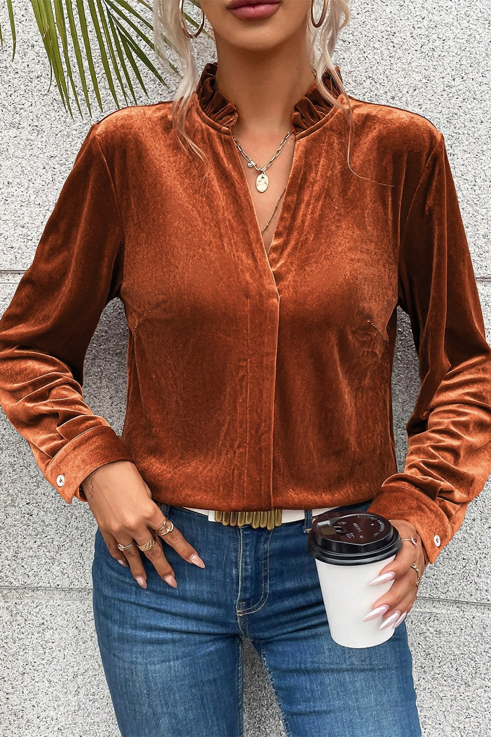 Notched Frill Detail Long Sleeve Blouse - Body Central Store