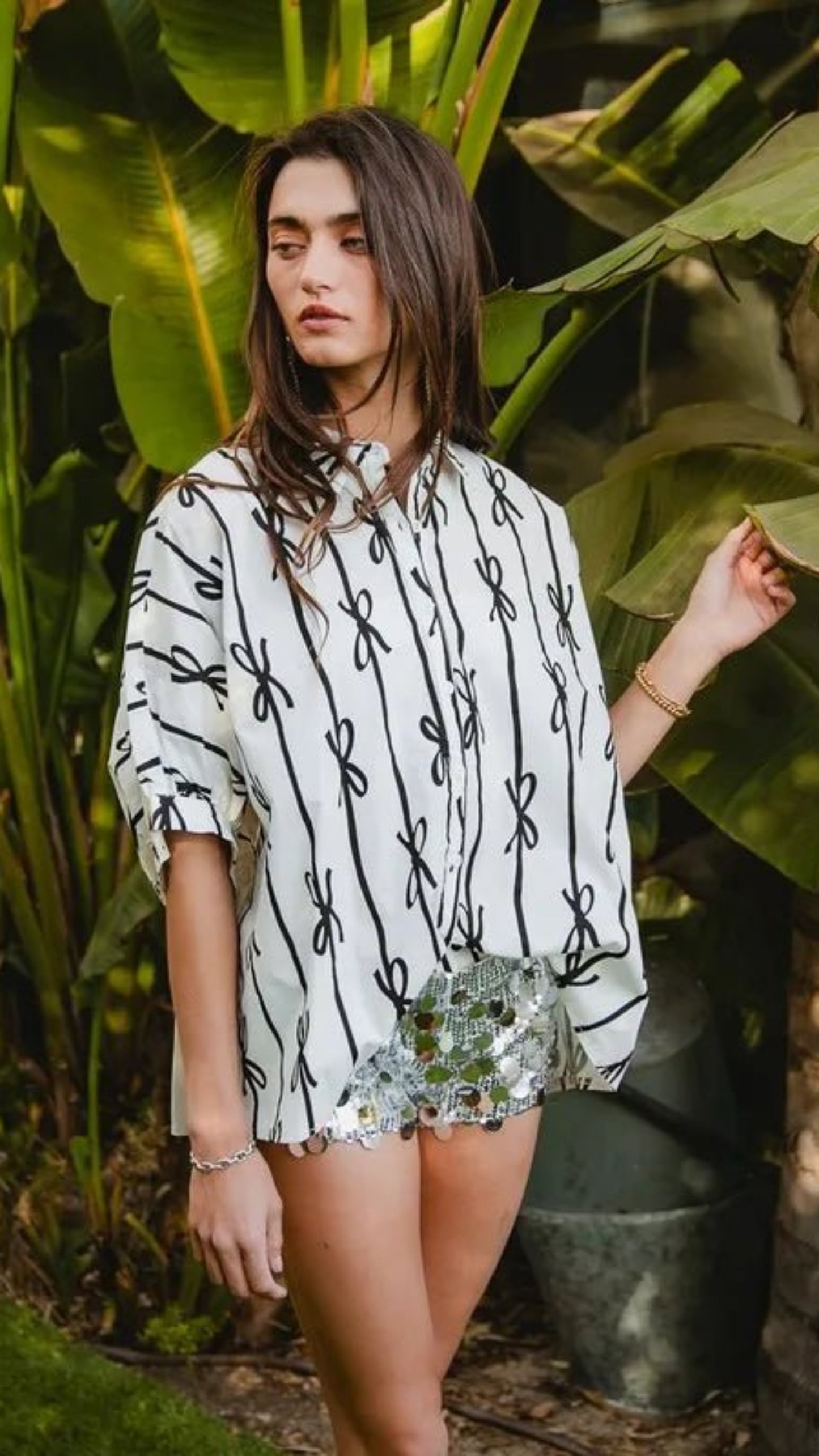 Bow Ribbon Woven Printed Button Down Shirt - Body Central