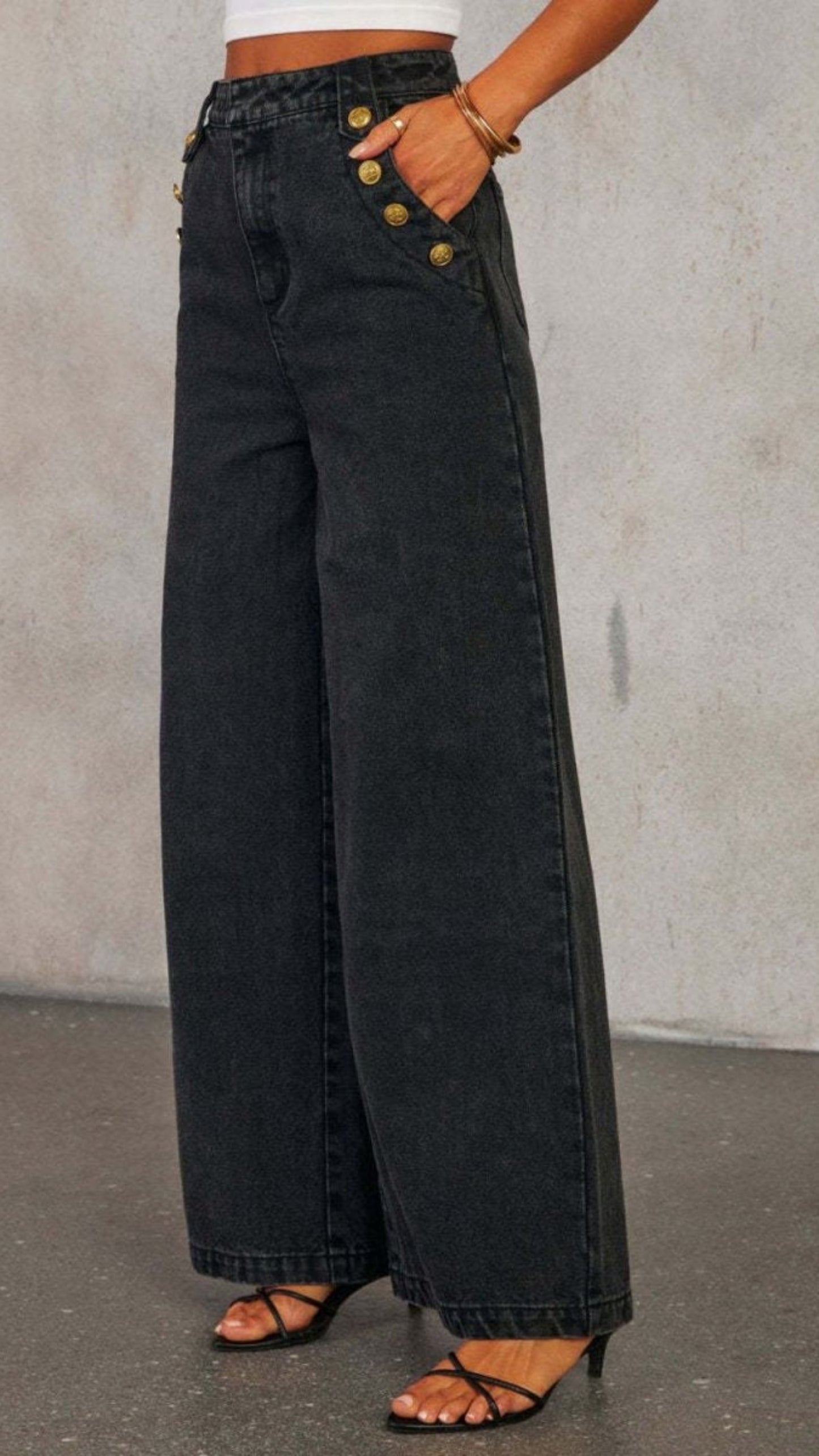 Button Decor High Rise Wide Leg Jeans - Body Central
