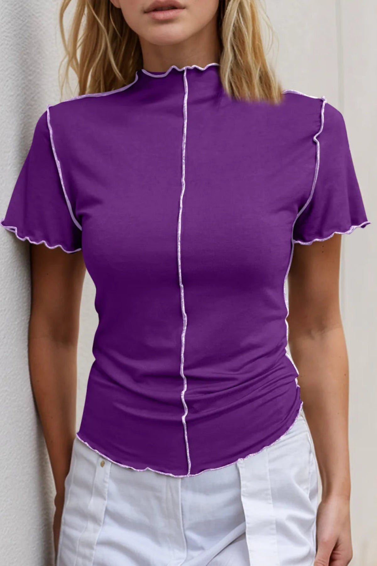 Contrast Trim Mock Neck Short Sleeve Blouse - Body Central