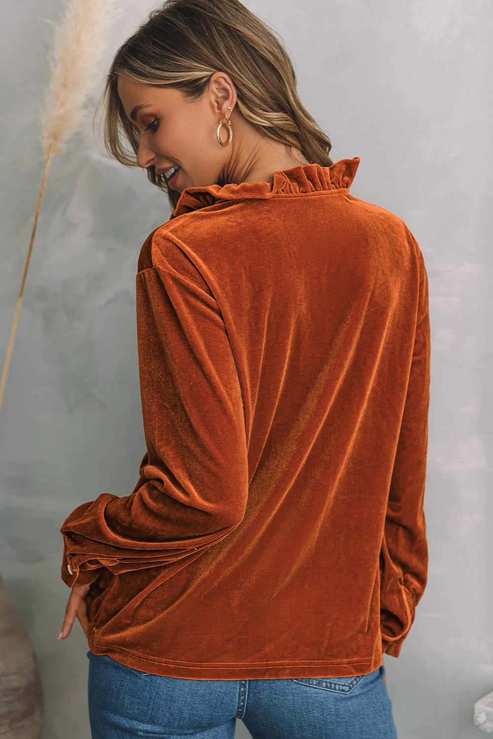Notched Frill Detail Long Sleeve Blouse - Body Central Store