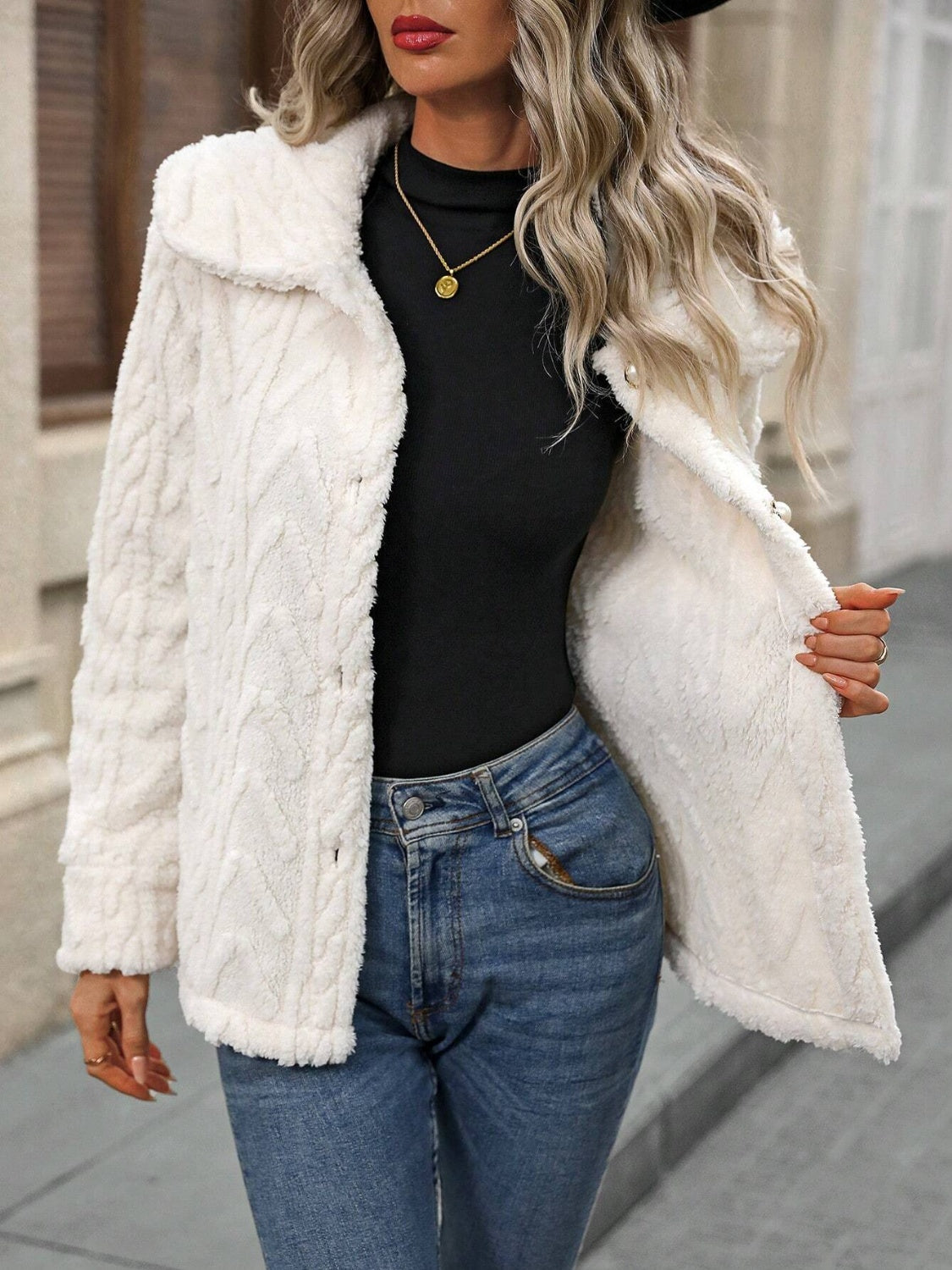 Fuzzy Texture Button Up Collared Neck Coat - Body Central Store