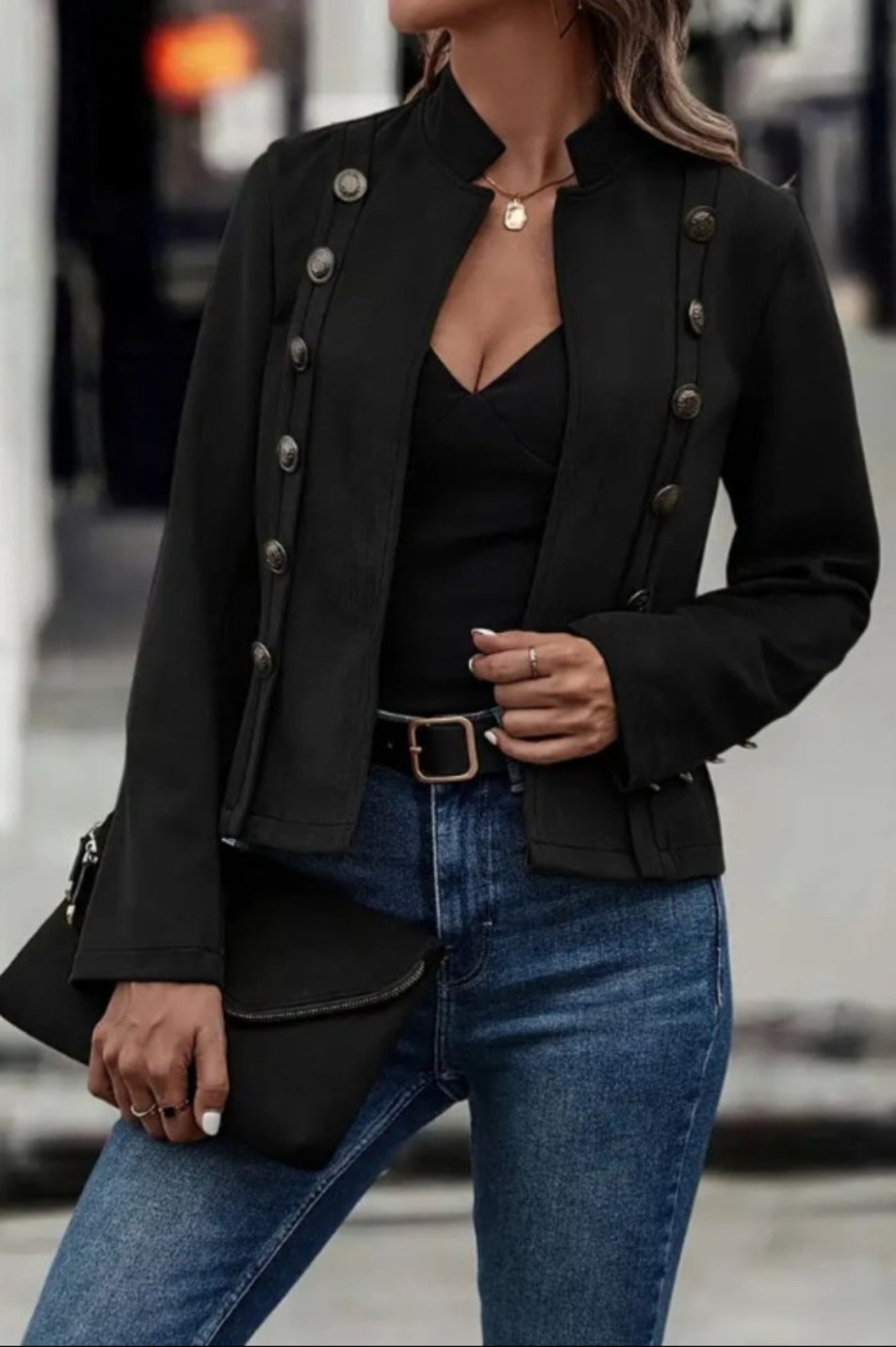Decorative Button Open Front Long Sleeve Jacket - Body Central