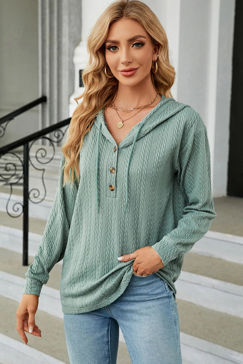 Drawstring Half Button Long Sleeve Hoodie - Body Central