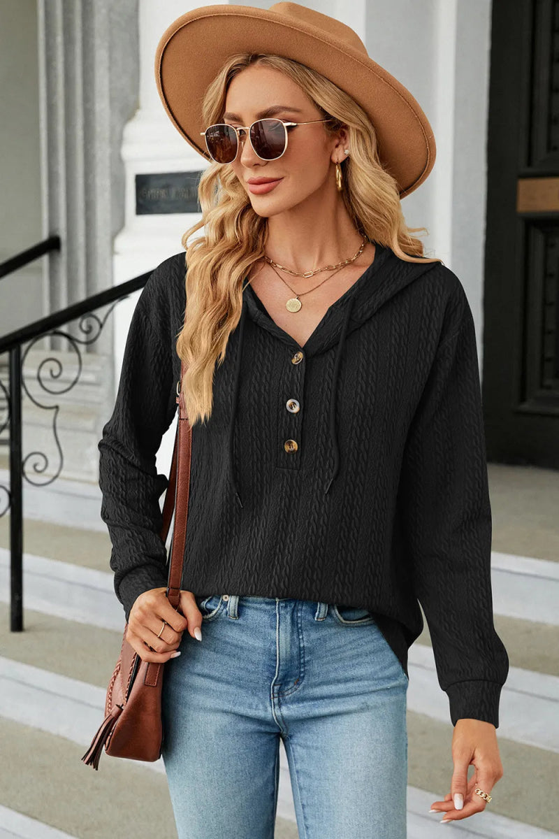 Drawstring Half Button Long Sleeve Hoodie - Body Central