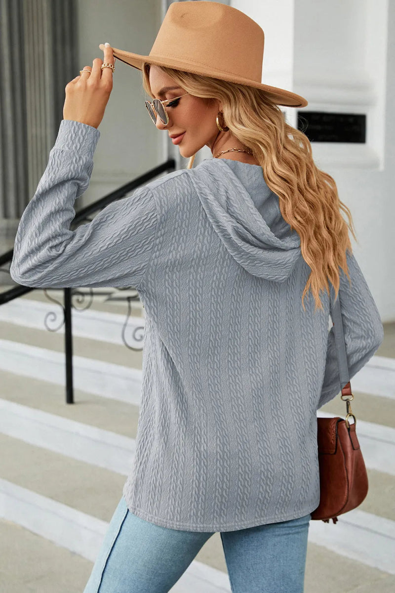 Drawstring Half Button Long Sleeve Hoodie - Body Central