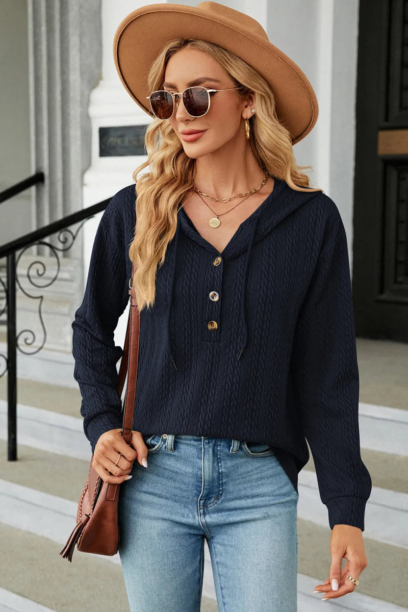 Drawstring Half Button Long Sleeve Hoodie - Body Central