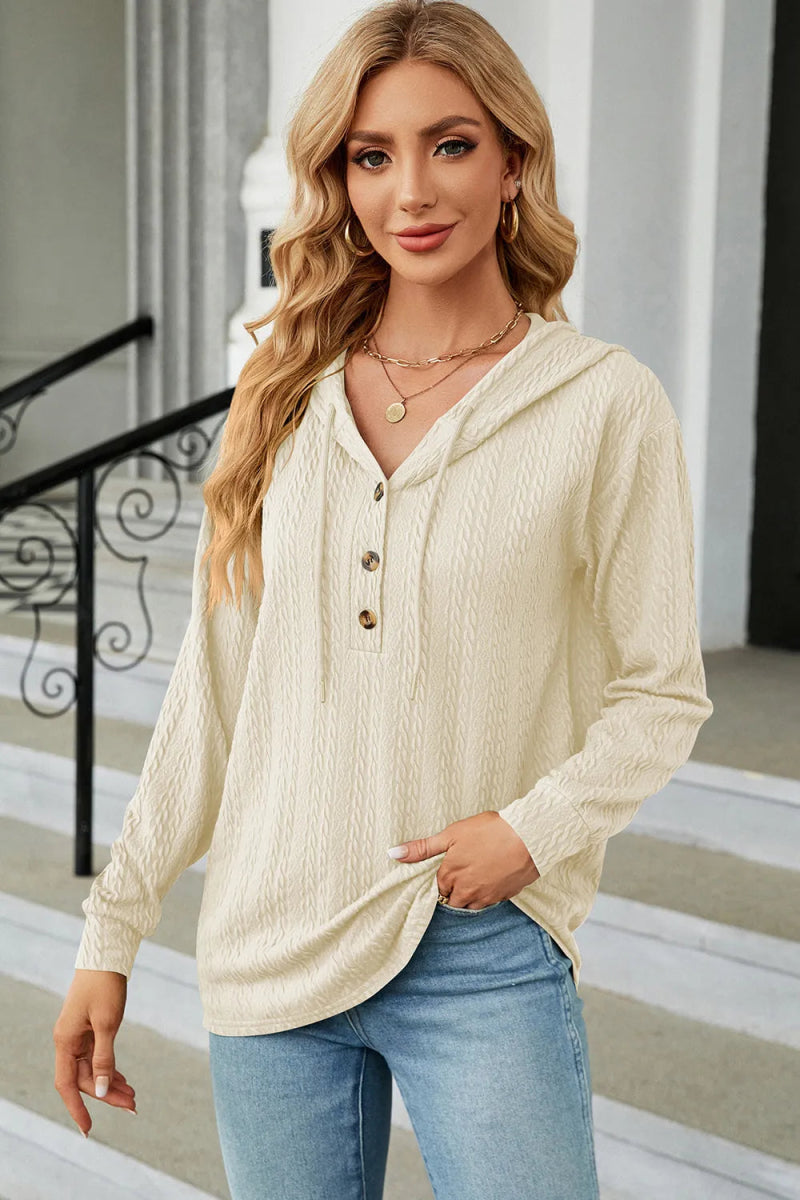 Drawstring Half Button Long Sleeve Hoodie - Body Central