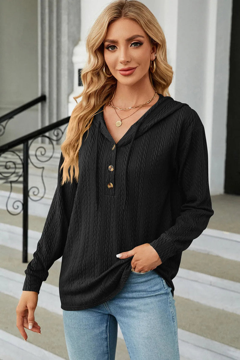 Drawstring Half Button Long Sleeve Hoodie - Body Central