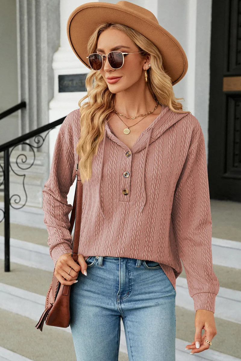 Drawstring Half Button Long Sleeve Hoodie - Body Central