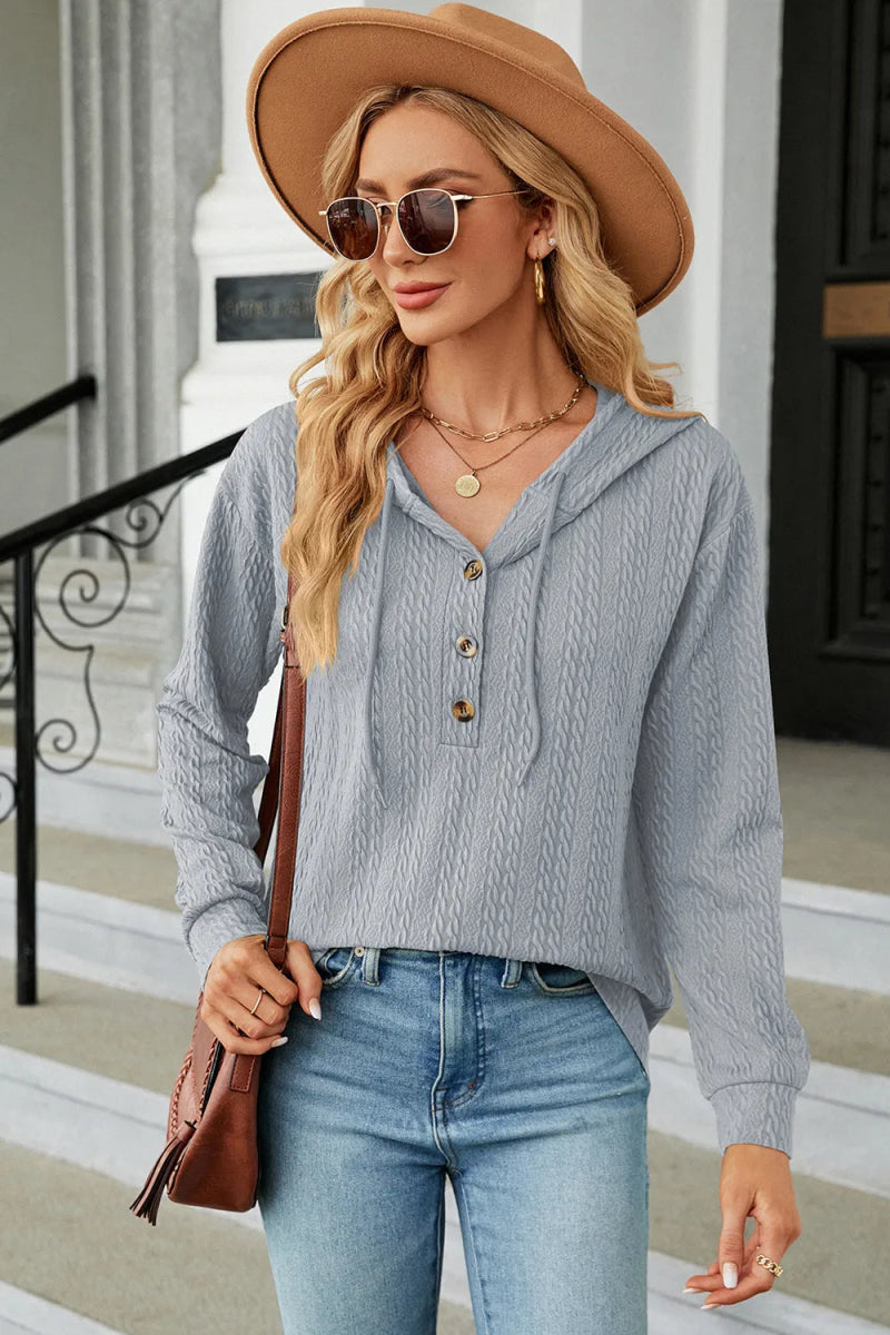 Drawstring Half Button Long Sleeve Hoodie - Body Central