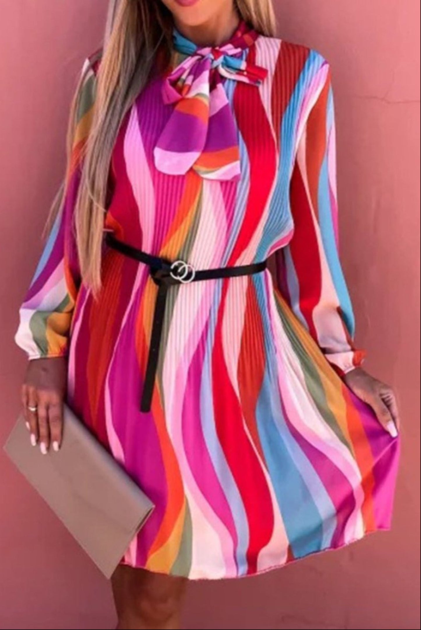 Elegant O - Neck Bow Lace - up Long Sleeve Pleated Long Dress - Body Central