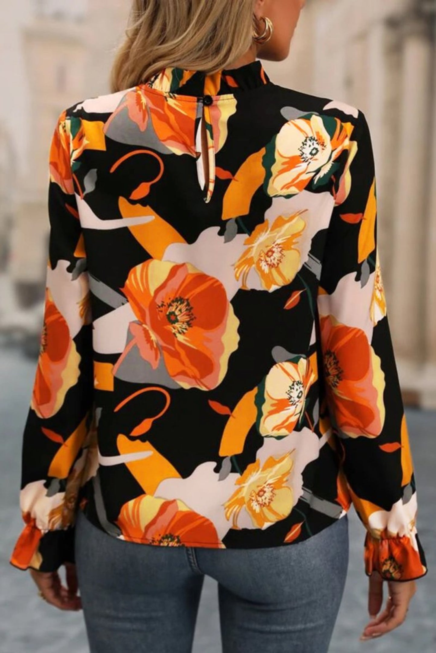 Floral Mock Neck Flounce Sleeve Blouse - Body Central
