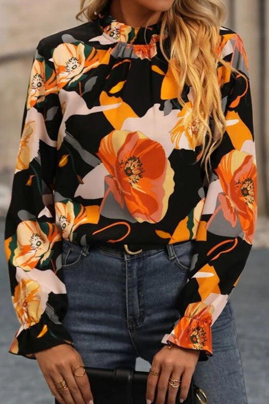 Floral Mock Neck Flounce Sleeve Blouse - Body Central