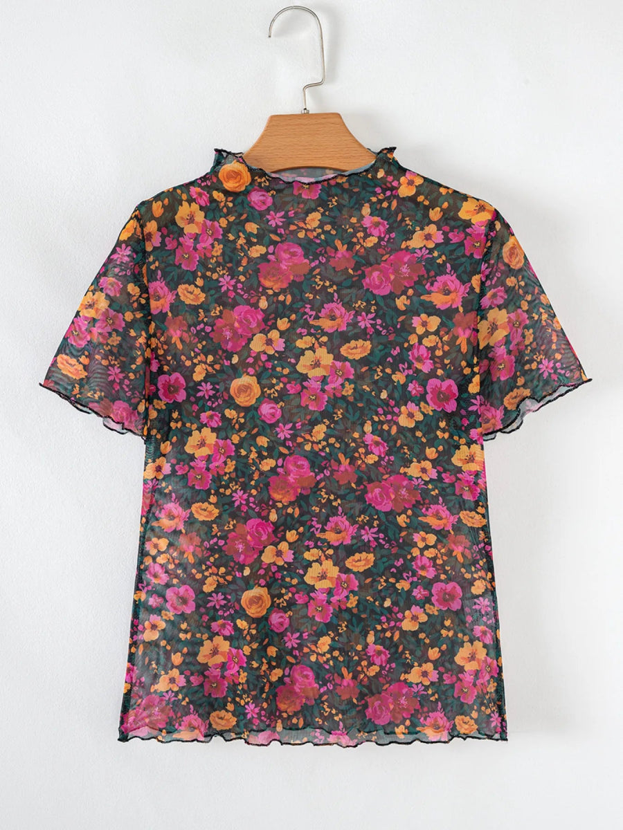 Floral Print Mock Neck Short Sleeve Top - Body Central