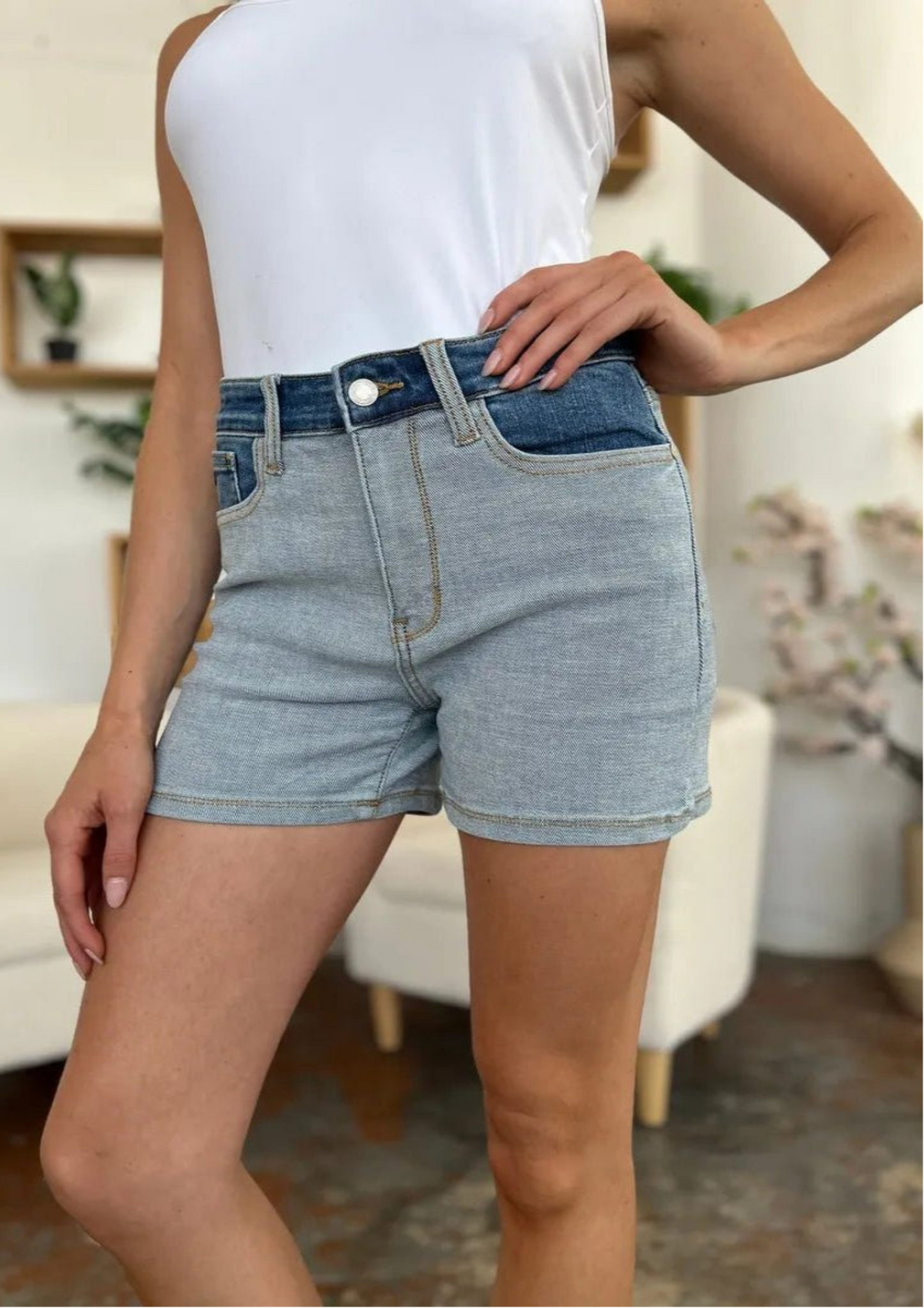 Full Size Color Block Denim Shorts - Body Central